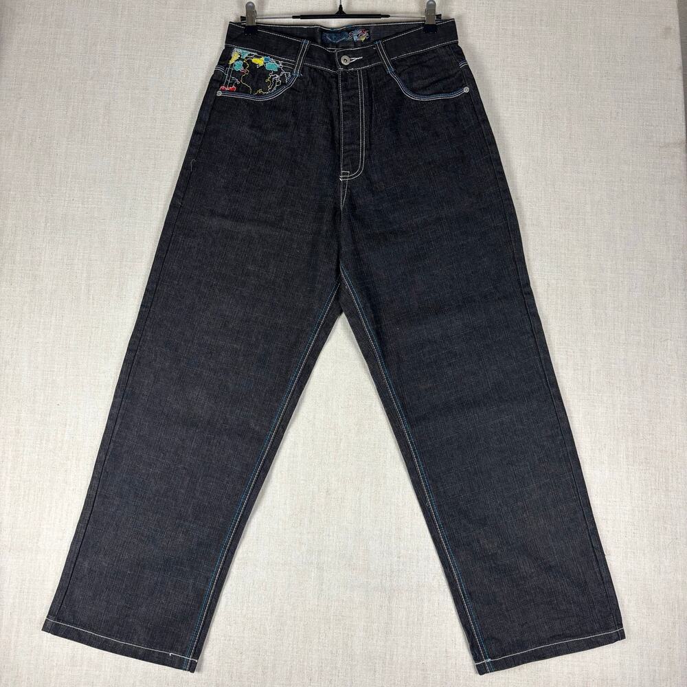 Southpole Y2K Baggy Skater Map Embroidered Sz 32 Denim Jeans - Picture 6 of 14